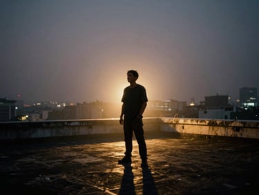 Ultra-wide 2.39:1 anamorphic film still, high-contrast chiaroscuro lighting, a director standing on a misty Jakarta rooftop at dusk, warm yellow highlights, 35mm.
