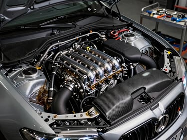Close-up overhead shot of a German sports sedan engine bay at night, chrome intake manifold and carbon airbox under workshop floodlights, oil residue on the block, tools arranged nearby on a steel cart, no people