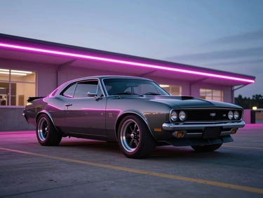 Low ground-level shot of a slammed American muscle car on a concrete pit lane at dusk, magenta neon light from a nearby building washing across the hood, wide rear tires, chrome exhaust tips, no people, cinematic long exposure