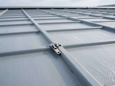 Close-up of a double-lock zip seam on a metallic gray roof, precise engineering detail, industrial daylight