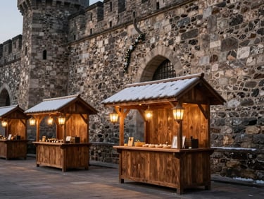 Festive winter wooden stalls with glowing lanterns, set against the massive stone walls of a historic castle, 35mm.