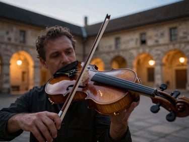 Atmospheric close-up of a violin being played in a medieval stone courtyard at dusk, warm lights reflecting on the dark wood.