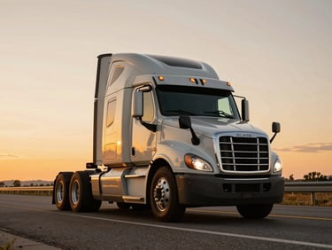 Low-angle dramatic hero shot of a modern Class 8 semi-truck on an open US highway during golden hour, rich saturated tones, 35mm photography
