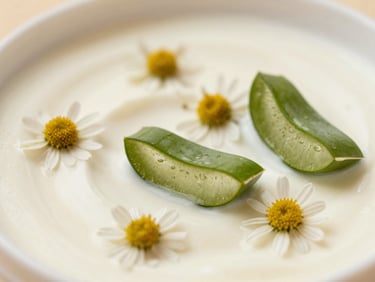 Macro shot of botanical skincare ingredients (aloe vera, chamomile) on a cream surface, soft diffused daylight, 35mm.