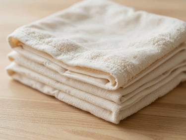 Neatly folded organic cotton towels in warm cream tones on a light wood surface, soft diffused daylight, 35mm.