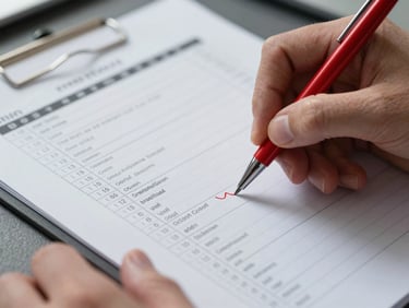 Extreme close-up of a forensic auditor's hands under cool task lighting, annotating specific line items on a printed financial ledger with a red pen, audit workpapers visible in the background on a slate-gray surface, sharp focus on the notation marks