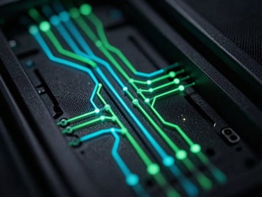 Abstract macro photography of glowing cyan and green data pathways running through high-security server racks, dark slate background, high contrast, technical precision.