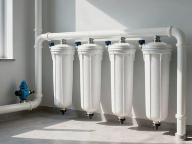 Technical photograph of a modern pool filtration room, neat parallel PVC piping, sand filters, automated dosing pumps, clean industrial layout