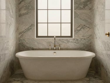Straight-on architectural photograph of a luxury master bath sanctuary, freestanding stone tub, large format book-matched marble tiles, soft natural light, 35mm lens.