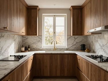 Symmetrical straight-on architectural photograph of a bespoke luxury kitchen, custom hand-planed oak cabinetry, veined white marble countertops, warm natural window light, 35mm lens.