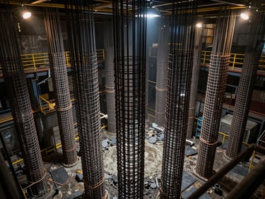 Massive underground steel reinforcement cage before concrete pouring, high-contrast industrial lighting with warm sodium-vapor highlights.