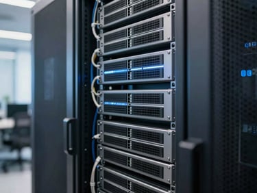 Detailed close-up of a structured server rack inside a modern tech company, cool daylight with subtle blue ambient light, clean cable management.