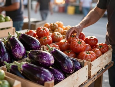 Wide shot of a market stall at dawn, wooden crates of purple eggplants and heirloom tomatoes in golden morning light, a farmer's arm reaching to rearrange produce, blurred street context behind