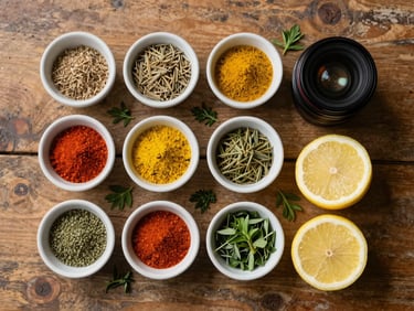 Overhead flat-lay of a restaurant mise en place — small bowls of spices, a halved lemon, fresh herbs on a worn wooden surface under diffused natural light