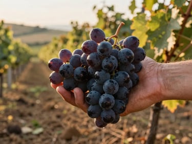 Close-up of a farmer's hands holding freshly harvested dark grapes, golden hour light on a hillside vineyard, soil and vine leaves visible in the background