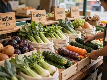 Wide shot of a specialty food market stall at morning opening, crates of seasonal produce arranged by a vendor's hands, soft diffused morning light, wooden signage and linen bags in the scene