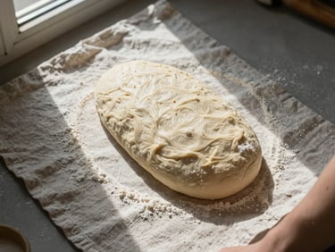 Tight overhead flat-lay of sourdough dough mid-fold on a linen cloth, flour dust catching side light from a high window, a baker's forearm visible at frame edge