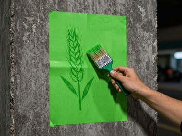 Hands holding a wheatpaste poster brush, applying a bright acid green gig poster to a dark concrete street wall at night.