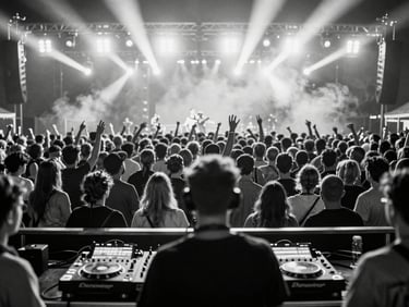 High contrast black and white photo of a packed festival crowd from the artist's point of view behind the DJ deck, bright stage lights cutting through smoke.