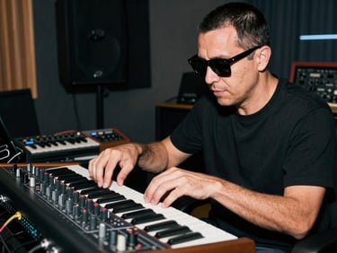 Paparazzi style flash photo of a music producer in a dark studio wearing black sunglasses, adjusting knobs on an analog synthesizer.