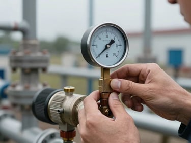 Close-up of a pressure gauge and transmitter on a process line, hands adjusting calibration with a field instrument, industrial piping system background, overcast cool lighting, sharp documentary focus on the gauge face