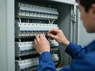 Mid-shot of a technician's hands adjusting terminals inside an open industrial electrical panel, rows of circuit breakers and cables visible, cool north-facing facility light, no eye contact, documentary framing