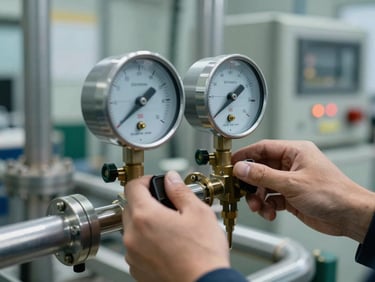 Close-up of hands adjusting a pressure transmitter on a process pipe rack, industrial control room visible in background, cool documentary lighting, no face visible