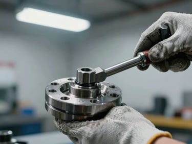 Extreme close-up of gloved hands using a torque wrench on a heavy flange coupling, industrial workshop background slightly out of focus, cool overcast studio strobe lighting, documentary clarity