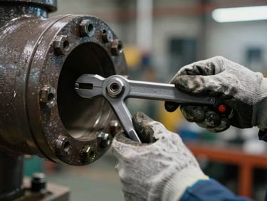 Extreme close-up of a technician's gloved hands using a torque wrench on a heavy pipe flange, cool north-facing light, industrial facility background out of focus