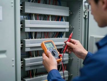 Mid-shot of an electrical technician at an open industrial switchgear cabinet, multimeter probes in hand, cool overcast light, dense wiring visible, no face shown