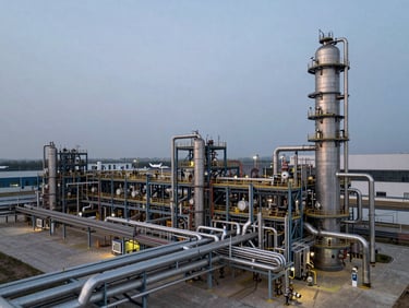 Wide overhead isometric view of an industrial process plant exterior at dusk, piping networks and equipment visible in geometric complexity, cool overcast sky, no people, documentary framing with generous negative space on the left side