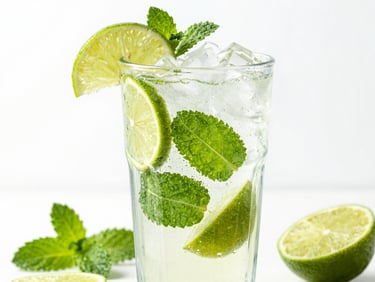 An ice-cold classic mojito with lime slices, fresh mint leaves, crushed ice, condensation, sunny day