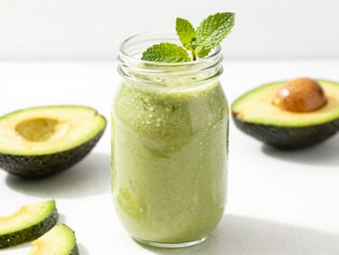 A vibrant green avocado and honey smoothie in a glass jar, mint leaf garnish, high-key lighting