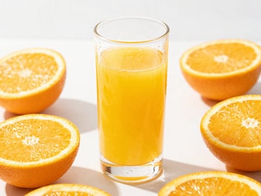 A glass of freshly squeezed orange juice with pulp, surrounded by orange halves, bright morning sunlight, condensation on glass