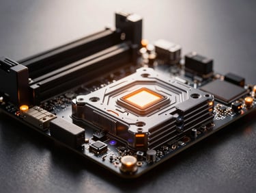 macro shot of premium server motherboard components with glowing orange status lights, dark metallic finish, professional studio lighting