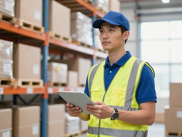 Professional logistics worker in a bright warehouse, wearing high-visibility vest and holding a tablet, clean corporate tones, sharp focus, 35mm lens.