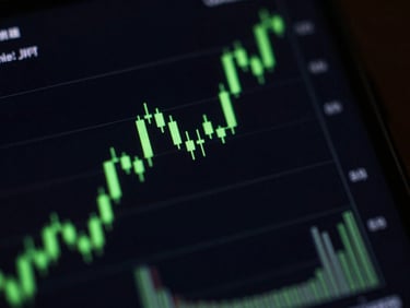 Extreme macro close-up of a dark-mode Android smartphone screen showing a neon-green financial candlestick chart, moody ambient screen glow, high contrast