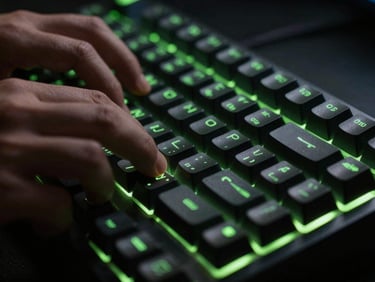 Extreme close-up macro shot of a developer's hands typing on a mechanical keyboard in a low-light studio, neon green screen glow reflecting off the keycaps, high contrast, 35mm.