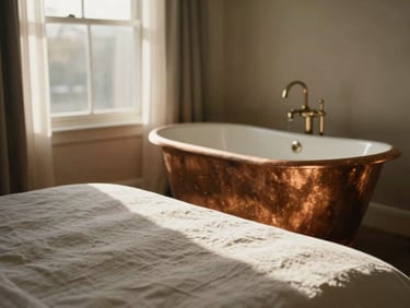 Warm editorial photography of a light-filled suite bedroom, freestanding copper tub, linen sheets, soft shadows, shallow depth of field.