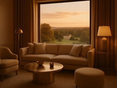 High-end luxury suite living space, warm cream and brass accents, wide window overlooking a secluded estate at sunset, 35mm film.