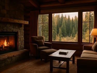 Medium-wide environmental shot of a luxury lodge suite with a stone fireplace, forest view through large windows, warm golden hour, soft shadows.