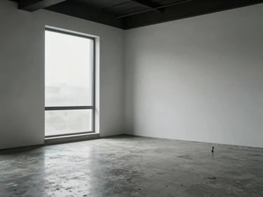 Wide shot of a near-empty finished room interior — polished concrete floor, single tall window with diffused overcast light, whitewashed walls meeting a dark ceiling beam, absolute stillness, no furniture, architectural proportion dominant, tripod shot from corner