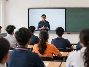 A professional training session in a modern Indian classroom, an expert instructor guiding young adults in front of a digital screen, bright daylight, 35mm