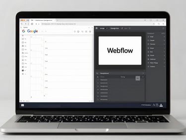Straight-on shot of a laptop screen showing a side-by-side view of a Google Doc with bracketed copy and a clean Webflow editor, bright studio lighting.