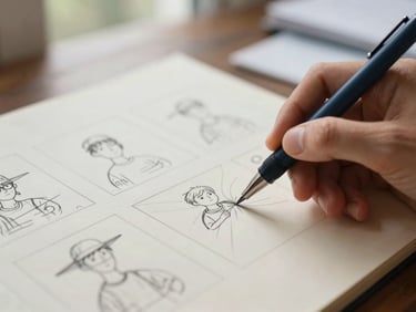 Close-up of hands sketching a storyboard on cream paper with a fine-line pen, soft natural window light, shallow depth of field