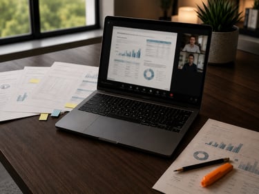 Laptop on a desk with notes and a pen, illustrating strategic advisory engagements