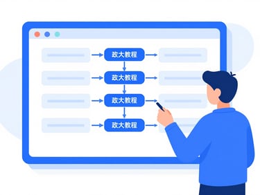 Modern vector illustration of a student analyzing a structured mind map and checklist on a screen, royal blue accents, clean white background