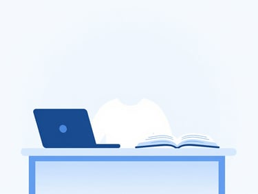 Minimalist vector illustration of a student at a desk with a laptop and open textbook, clean blue and white tones, high-key lighting