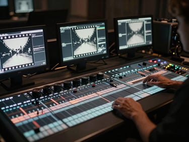 Cinematic shot of a flat-lay editing console with glowing monitors displaying a black and white film frame