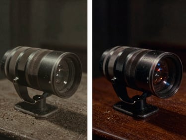 Side-by-side split screen of restored historical film footage, left side dusty and faded, right side rich in color and sharp grain
